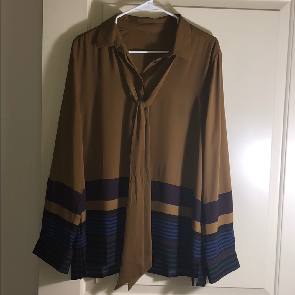 LOFT NWOT brown tan blouse with neck tie L